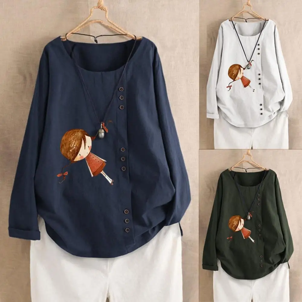 

Women's Casual Cute Loose Long Sleeve Pullover Fashion Lovely Tees Cotton And Linen shirt Cartoon Print O-Neck Tops Blous BB3M