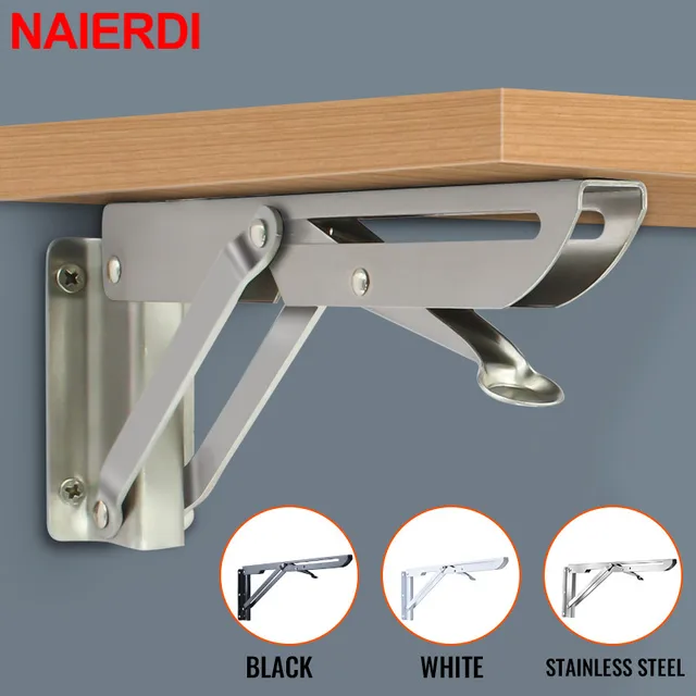 NAIERDI 2PCS 8-20inch Stainless Steel Folding Angle Bracket White Black Iron Triangle Wall Mount Bracket For Shelf Bench Table 1