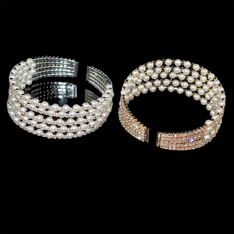 Crystal Bracelets Woman Pearl Gold Silver Plated Open Bangle Bracelet Gift