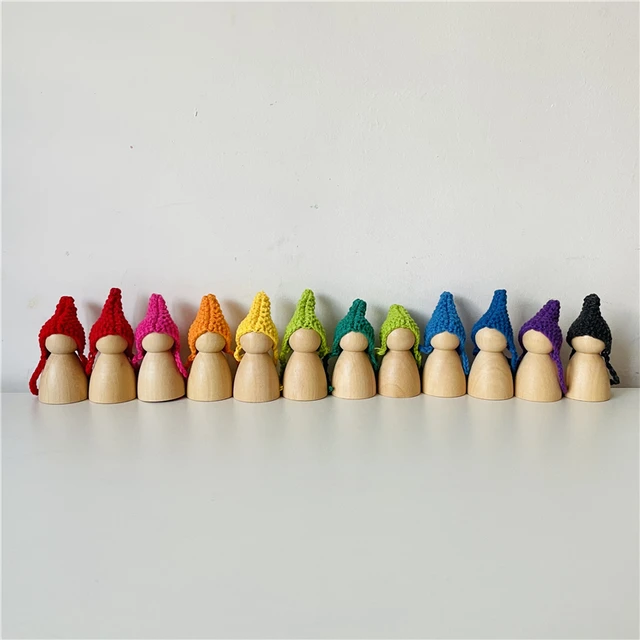 12pcs Rainbow Peg Dolls with Knitting Hat Baby Pretend Play People Figures Shape Montessori Wooden Educational Toys for Children 2