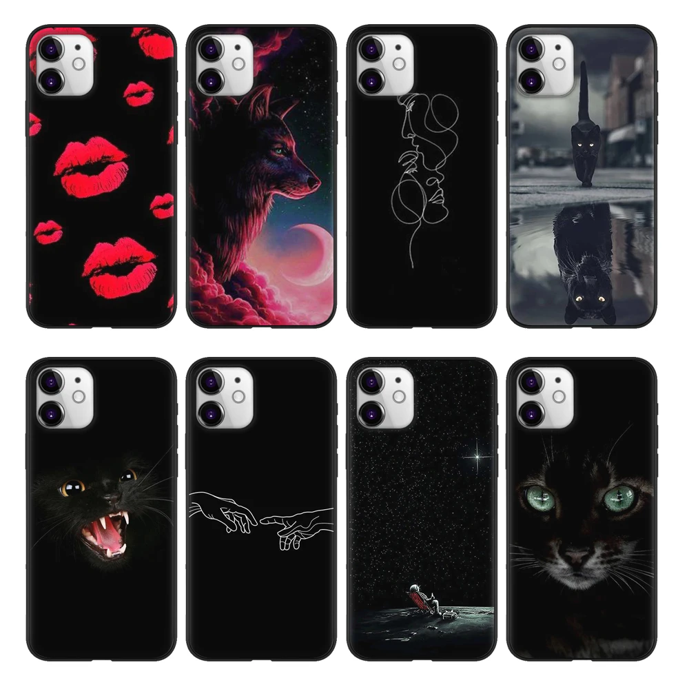 

Capa For Iphone 11 Pro Max Case Soft TPU Black Silicone For Iphone 6 6s 7 8 Plus X S Max XR Coque Red lips wolf cat tiger Cover