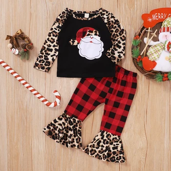 価格 クリスマス2本の衣装長袖サンタtシャツトップ + 毛布ヒョウフレアパンツ1-6Yキッズ女の子服セットクリスマス