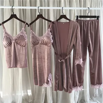 

4PCS Female Sleep Set Pajamas Sexy Soft Nightwear Lingerie Warm Winter Nightgown Home Clothing Long Sleeve Kimono Bathrobe Gown