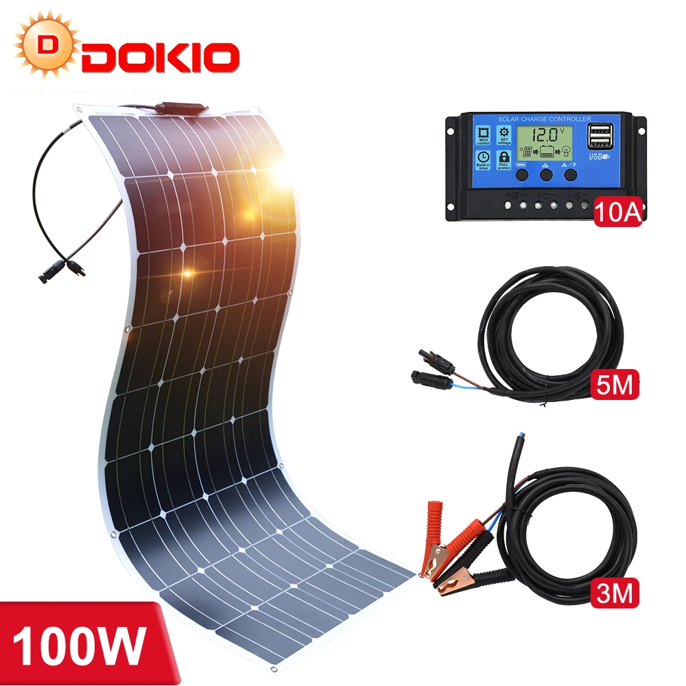 Dokio 12V 100W 200W Гибкая солнечная панель для автомобиля/лодки/дома монокристаллическая 18V батарея