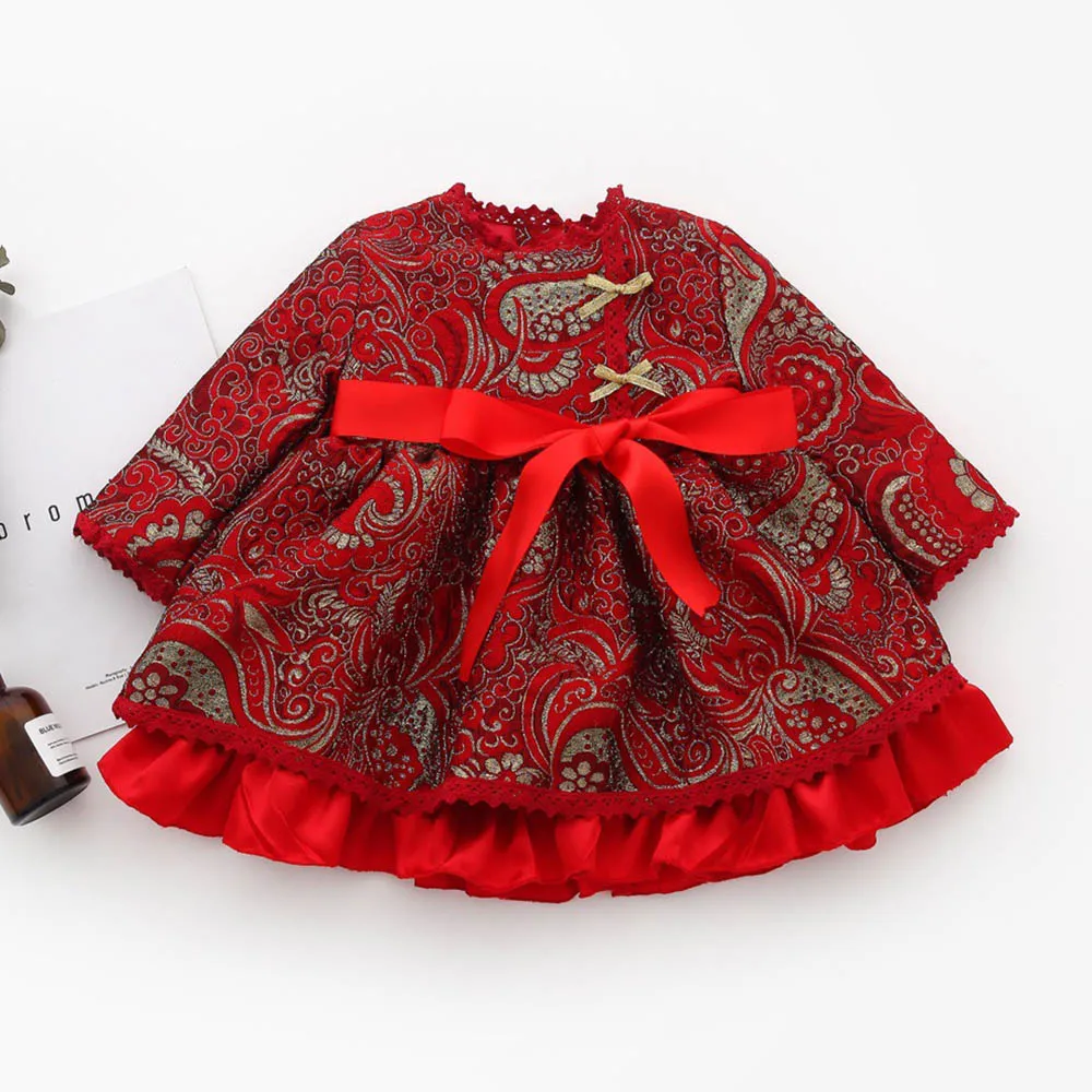 Halilo/платье для девочек; зимняя хлопковая одежда с длинными рукавами и бантом в китайском стиле; Новогодняя одежда принцессы для детей; красное детское рождественское платье