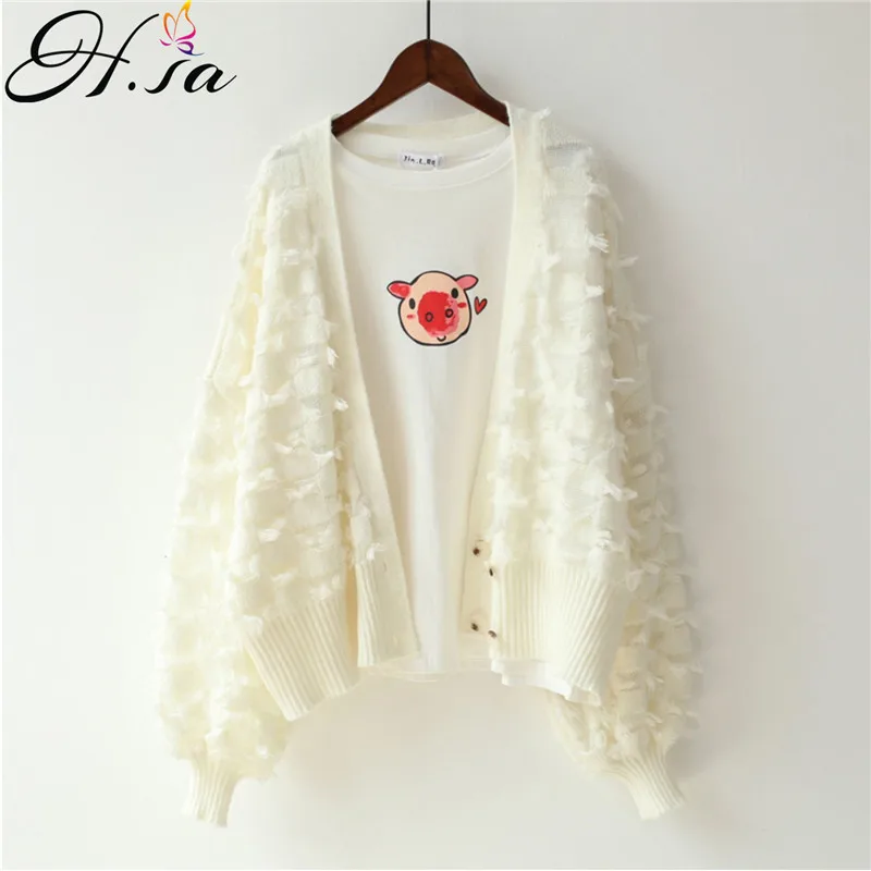 

H.SA 2019 Women Casual Cardigans Ruffles Oversized Sweater Ponchoes Tassel Knit Jacket Fashion Coat Lantern Sleeve Kawaii Jumper