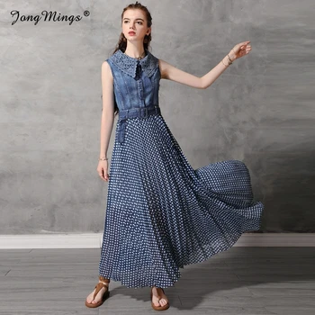 

High Quality Polka Dot Long Maxi Dress Sashes Sleeveless Lapel Casual Denim Dress Elegant Cowboy Fashion Women Splicing Clothing