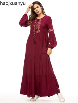 

2020 Summer Simple Embroidered Dress Muslim Robe Loose Long Dress Abayas for Women Islamic Clothing 7355
