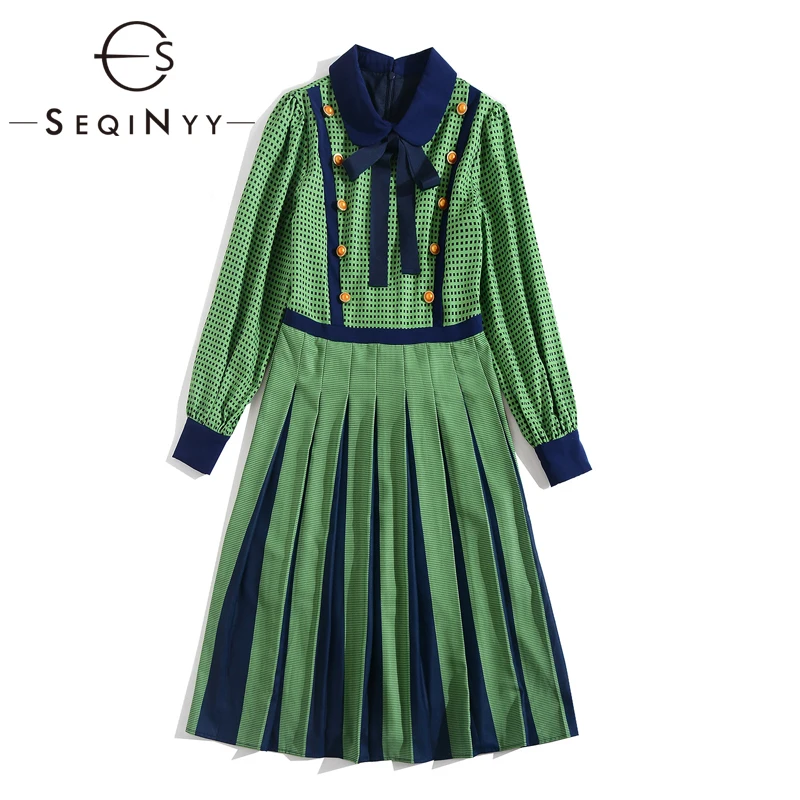 

SEQINYY Green Dress 2020 Spring Autumn New Fashion Design Blue Bow Plaid Printed Pleated Knee Women Dress