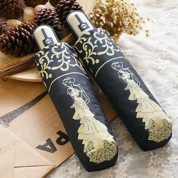 

High Quality Brand Korea Cute Princess Umbrella Rain Women Automatic 3Fold Female Sun Umrella Black Coating Ultralight Parasol