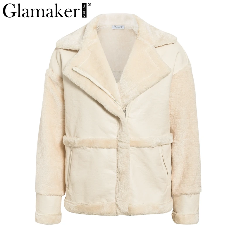 Glamaker, пальто из искусственного меха, плюшевая верхняя одежда, кожа, пэтчворк, мягкое теплое зимнее женское пушистое пальто, подбитое, русский искусственный мех, короткая куртка - Цвет: Бежевый