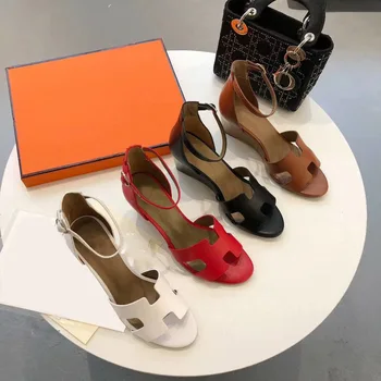 

H brand sandal women high heel shoes Genuine leather Wedges heel Ankle Strap brown women red sandal Summer shoes