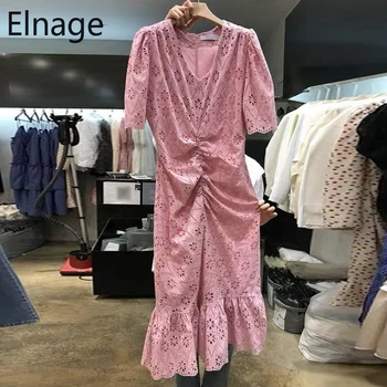 

Elnage Korean Lace Hollow Out Dress Mermaid Fishtail Long Pleated Slim Fit Solid V Neck Short Sleeve Vestidos Mujer 5A700