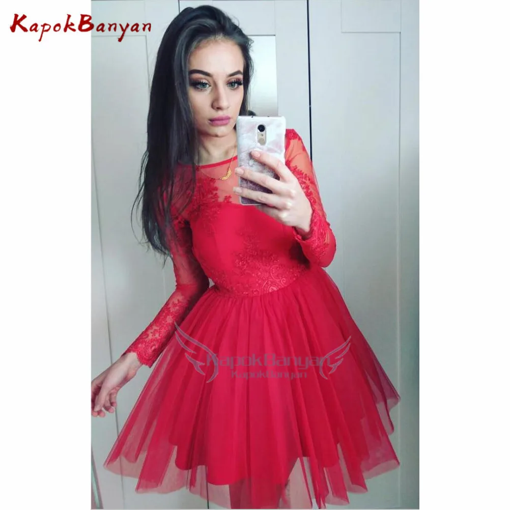 Red Long Sleeves Tulle Short Homecoming Dress Scoop Neck Knee Length Lace Party Gown Custom Made | Свадьбы и торжества