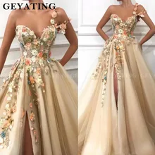 Шампанское одно плечо Выпускные платья Милая 3D Цветочные Цветы Сторона Сплит Длинные Вечерние Платья Vestidos de festa