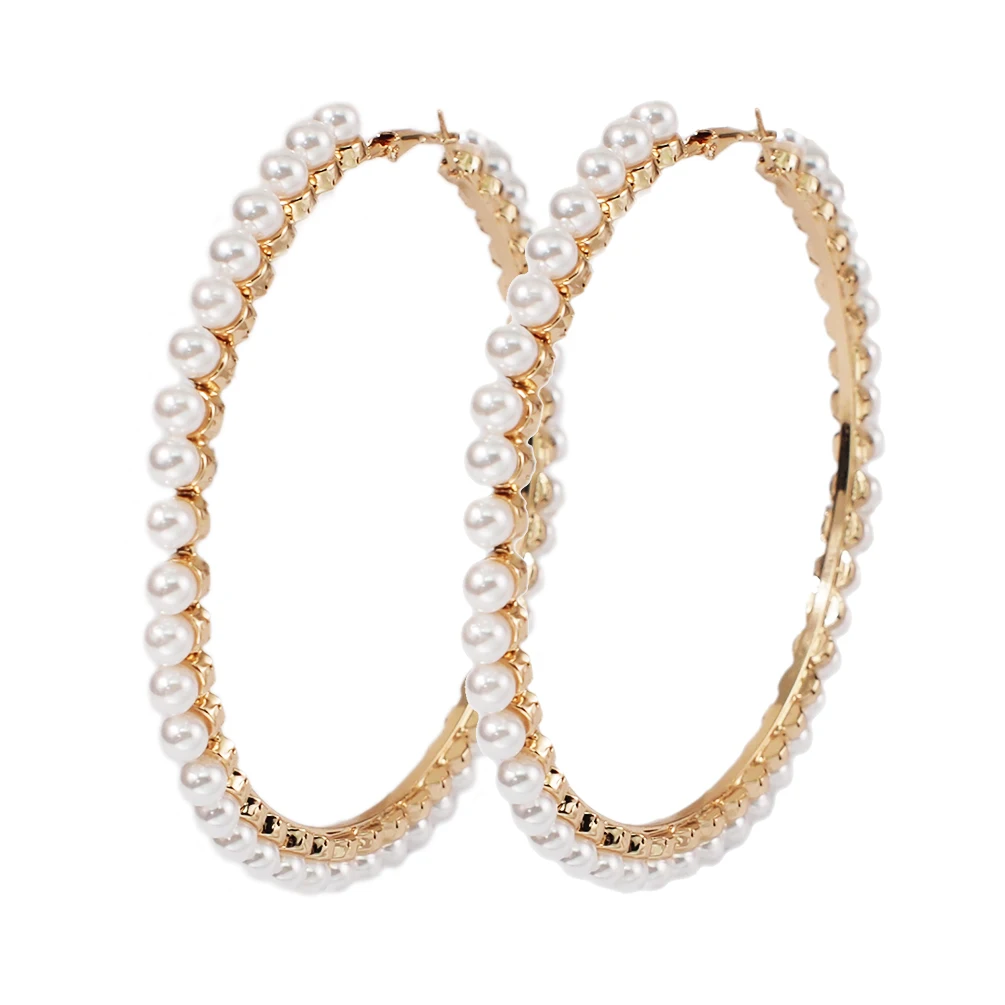 Gold Earrings 9 см в диаметре серьги-кольца для женщин ювелирные изделия имитация жемчуга большие серьги Золотой Серебряный цвет UKEN - Окраска металла: Gold Earrings