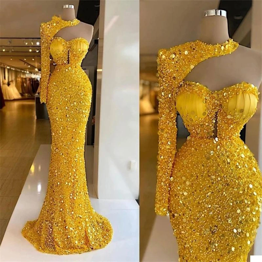 Glitter Shinny Gold African Evening Dress One Shoulder Abendkleider Sweetheart Mermaid Prom Gowns Plus Size Robe De Soriee evening dresses for weddings