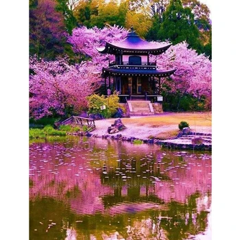 

Romantic cherry tree park pavilion 5D diy diamond painting Full Square Round Drill mosaic embroidery sale home decor AA2733