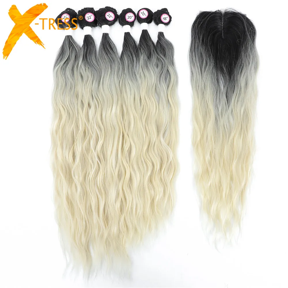 Ombre Blonde Colored Synthetic Hair Extensions X-TRESS Natural Wave 6 Bundles With Lace Closure Middle Part Colorful Curly Weave