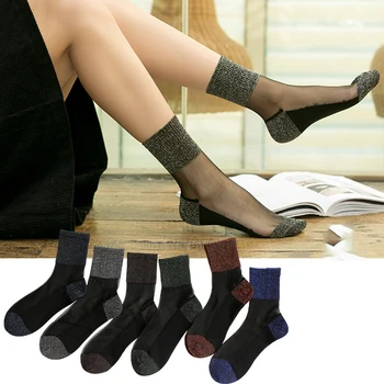 

2/3pair Female Women's Short Socks Summer Thin Transparent Glitter Crystal Glass Silk Socks Fashion Elastic Short Socks Meias