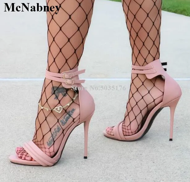 

McNabney Women Sandals Buckle Ankle Strap Stiletto Heel Peep Toe High Thin Heel Summer Sandals Fashion Simple Pink Women Shoes