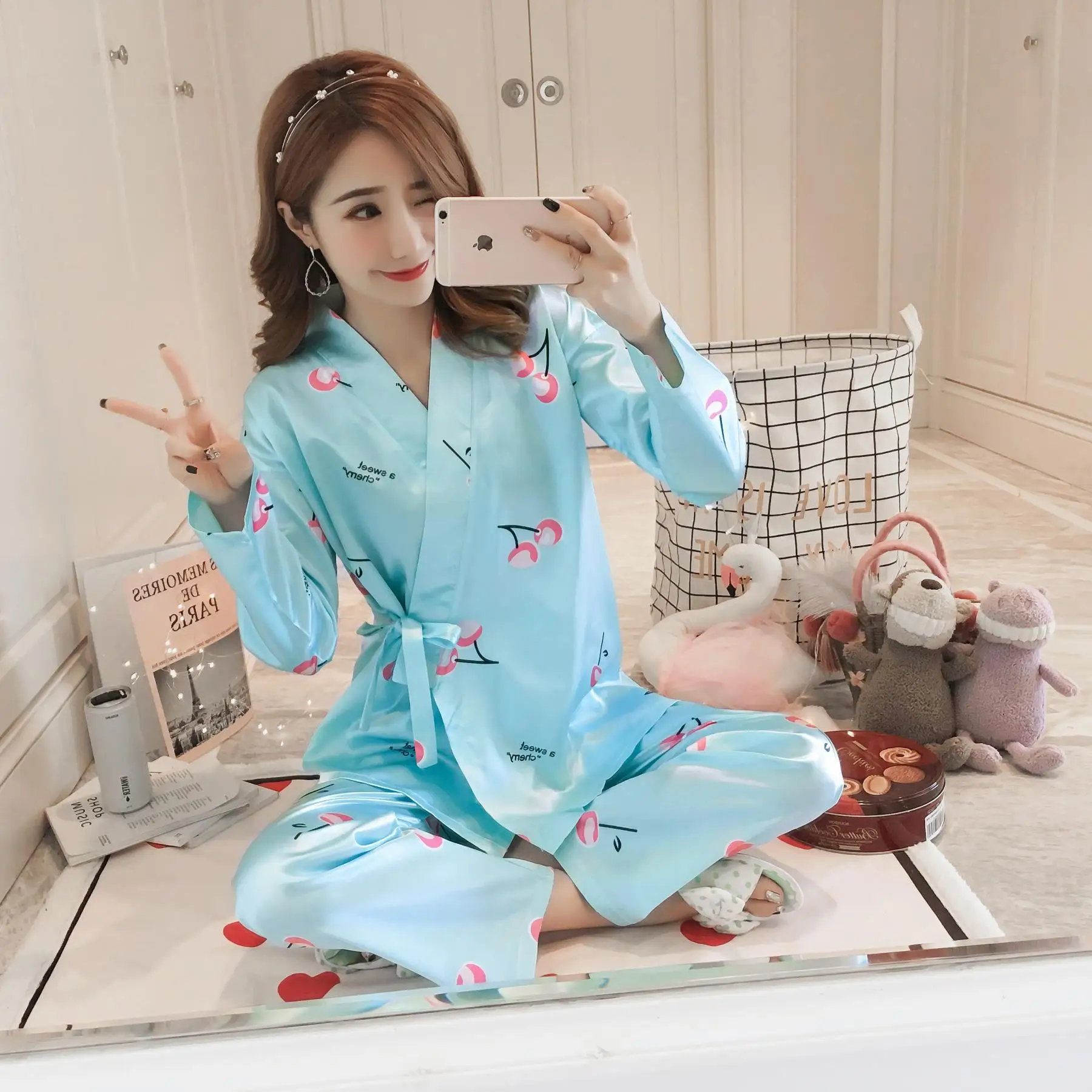 

Pajamas Women's Autumn Model Silk Long Sleeve-Outer Wear Set Japanese Style Sweet Cute Cherry Casual Tracksuit