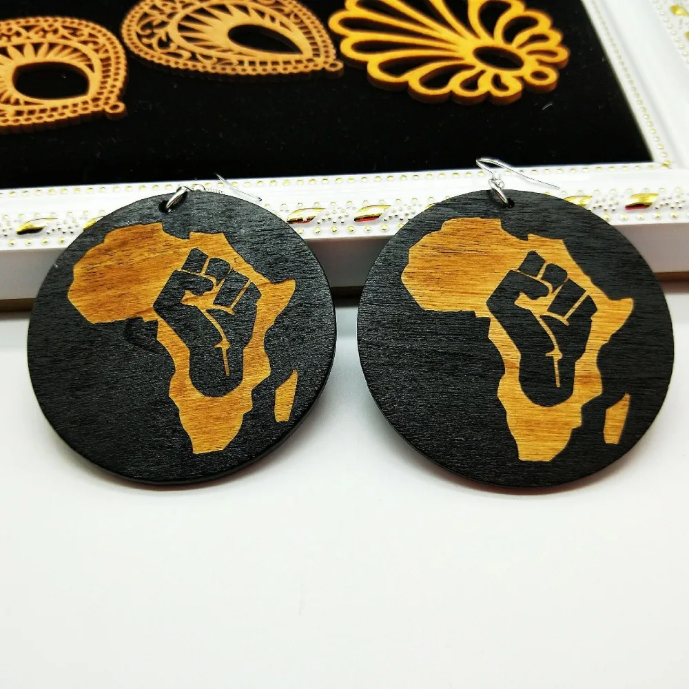 Этническое дерево Африка Карта DIY Красочная картина афро Винтажные серьги круглые деревянные Бохо африканские богемные серьги ювелирные изделия вечерние аксессуары