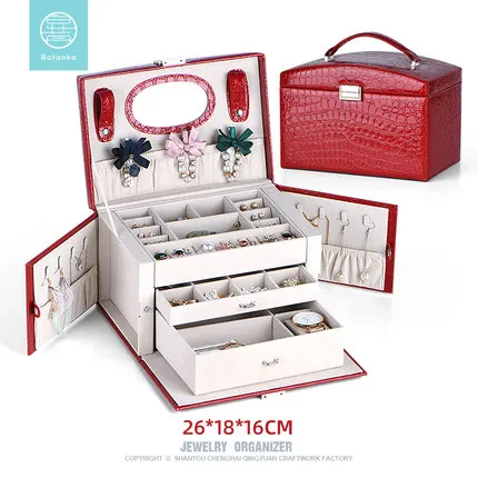 red Модная коробка для ювелирных изделий из аллигатора, Подарочная коробка для упаковки ювелирных изделий, большой изысканный чехол для макияжа, роскошный органайзер для хранения ювелирных изделий - Цвет: red