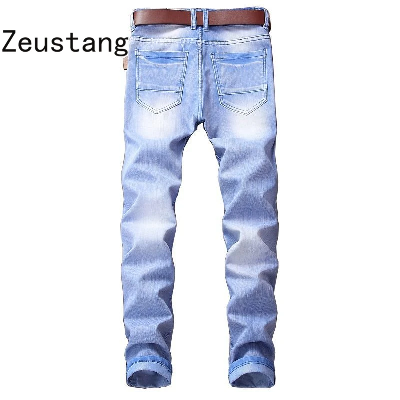 No Belt) Spring Punk Style Men's Jeans Fashion Casual New Straight High Elasticity 28-42 Washed Ripped Hole Trousers JS03