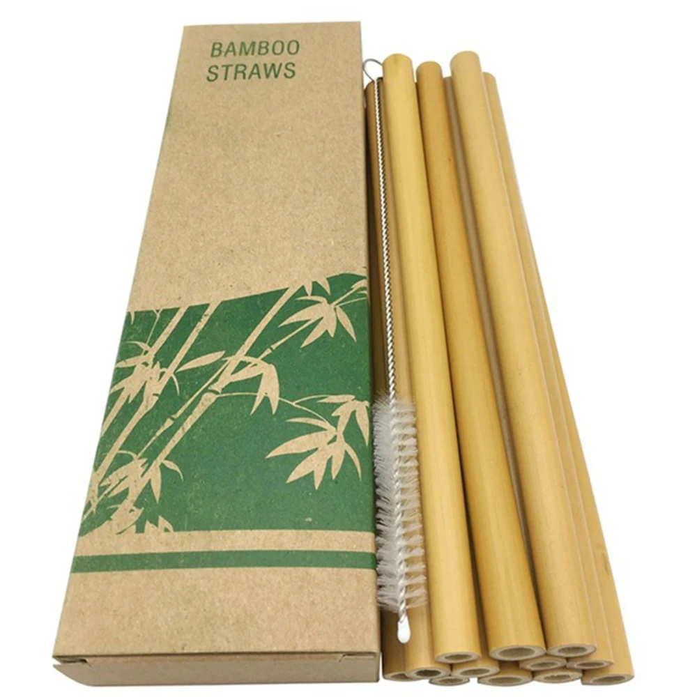 

10Pcs/Set Natural Bamboo Straw Reusable Drinking Straws with Case + Clean Brush Eco-friendly Bamboo Straws Bar Tools