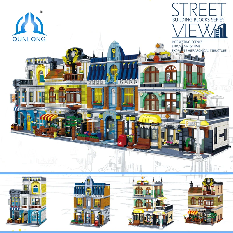 QUNLONG City Buildings Sets Coffee Shop House Hotel Architecture Restaurant Store Building Blocks Street View Bricks Toys | Игрушки и