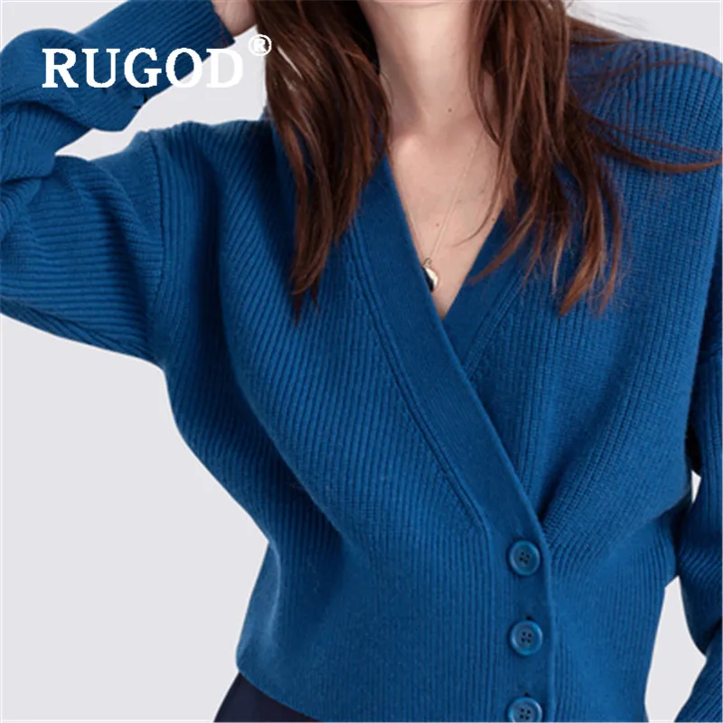 RUGOD vintage blue sweater cardigans v neck single breasted highwaist knit coat new autumn fashion female elegant solid sweater