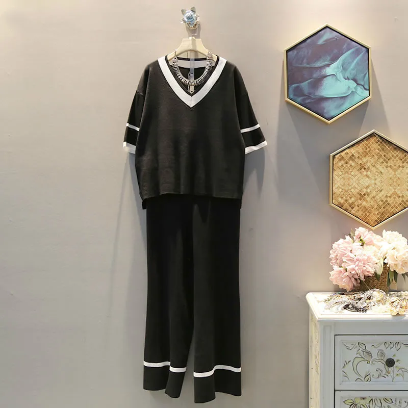 

TVVOVVIN 2 Piece Set Women Hit Color Plus Size Slim Top Women Clothes 2019 Fashion Elastic Waist Western Style Full Pants D291