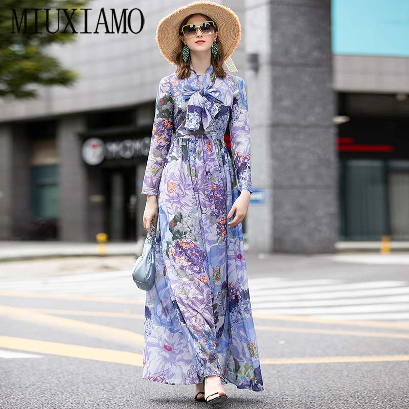 

MIUXIMAO High Quality Newest Fashion Runway Maxi Dress Women's Long Sleeve Retro Art Printed Designer Long Dress With Bow