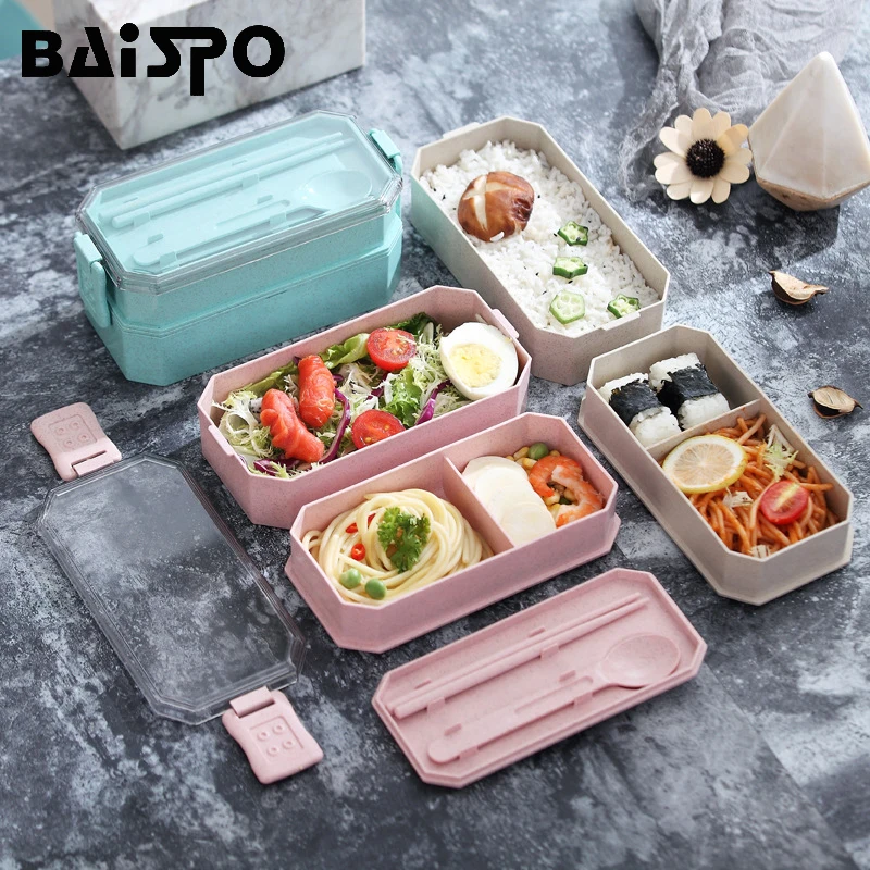 

Baispo Wheat Straw Lunch Box For Kids School 2 Layers Bento Box Japanese Style With Tableware Kitchen Accessories Food Containe