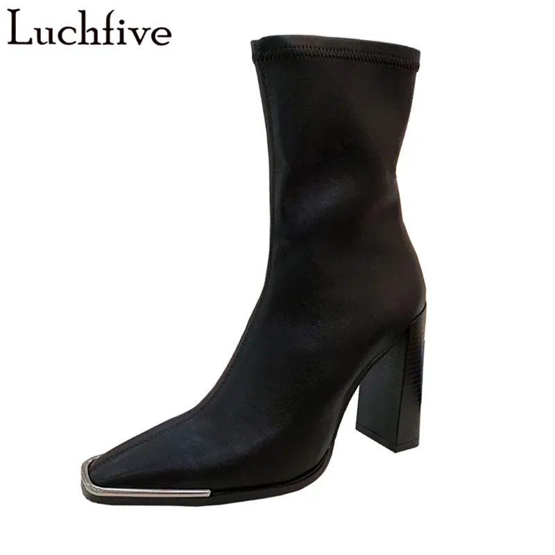 

Metal Square Toe Boots Femme Chunky High Heels Party Shoes Woman Slip On Sexy Women Boots Runaway Black Ankle Boots For Women