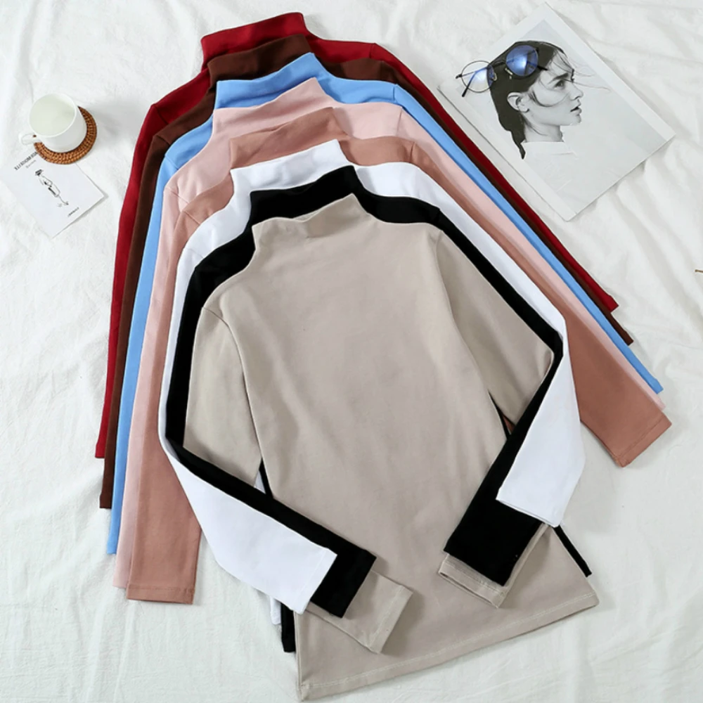 Tricou cu mânecă lungă pentru femei, lenjerie intimă de bază, guler înalt, tricouri pentru femei, casual, bază solidă, tricou, maieu, topuri, negru846_voghion.com