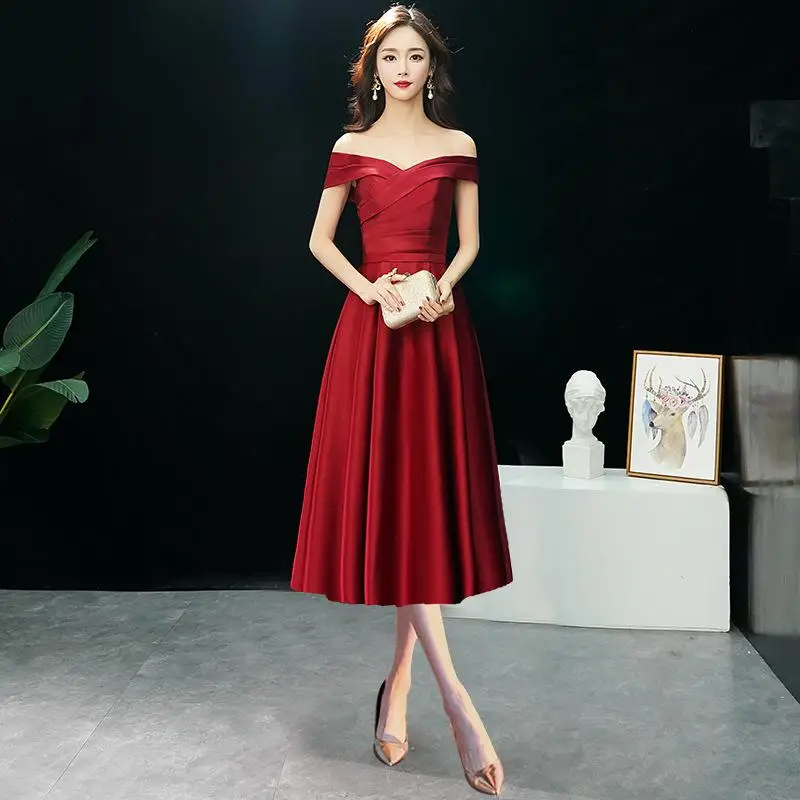 Свадебное платье с открытыми плечами, винтажное платье Ципао Vestidos De Festa, сексуальное платье Ципао трапециевидной формы, женское китайское вечернее платье - Цвет: BurgundyMediumlength