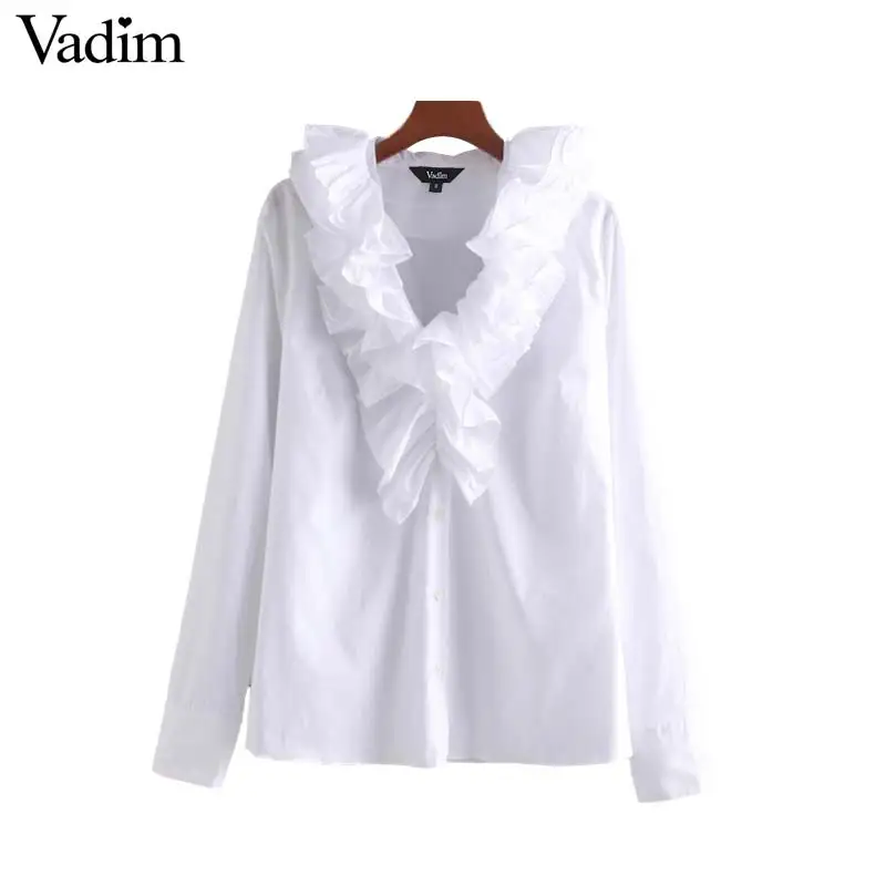 Vadim женские белые блузки с гофрированным воротником офисная одежда с длинным рукавом однотонные рубашки женские повседневные шикарные топы blusas LB570