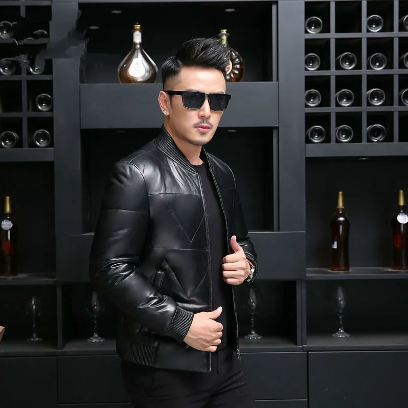 

Leather Men Winter Bomber Jacket Real Sheepskin Coat Duck Down Baseball Jackets Plus Size Jaqueta De Couro 18016 YY531