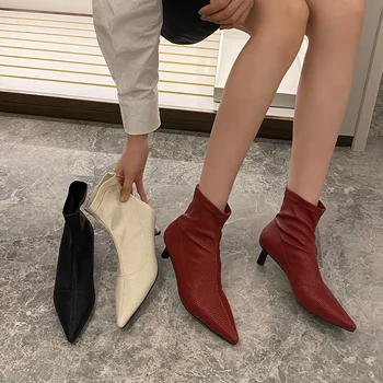 

2020 New Sock Boots for Women Sexy High Heels Work Ankle Boot Ladies Fashion Pointed Toe Shoes Slip on Pumps Zapatos De Mujer