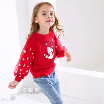 

2020 Autumn New Style Brand Childrenswear Daisy Gauze Pullover Cat Flowers Printed Girls' Sweater Manufacturers Direct Selling
