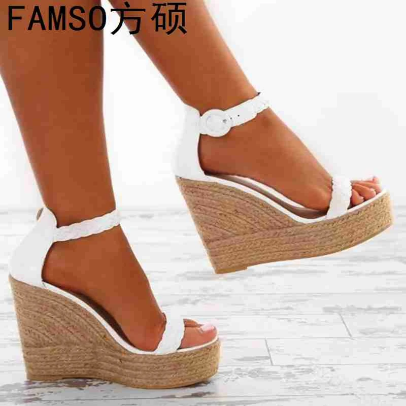 

FAMSO 2019 New Shoes Women Sandals Large Size 34-43 Classics Wedges Straw Sandals gold White Peep Toe High Heels Summer Sandals