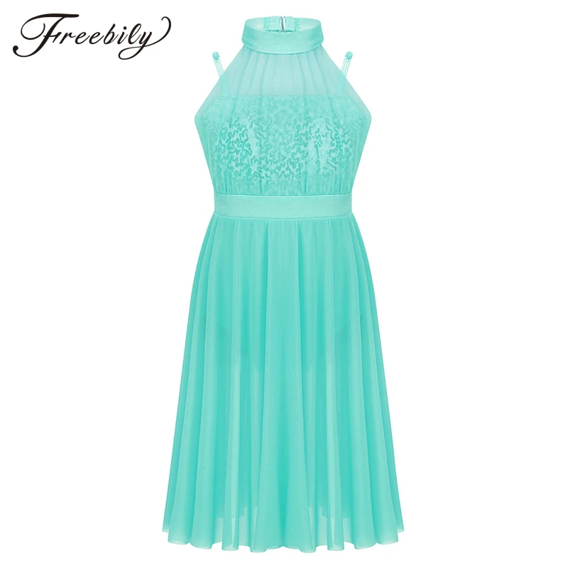

Kids Teens Sleeveless Ballroom Dance Dress Girls Sequins Tulle Modern Ballet Dance Dress Contemporary Lyrical Dance Costumes