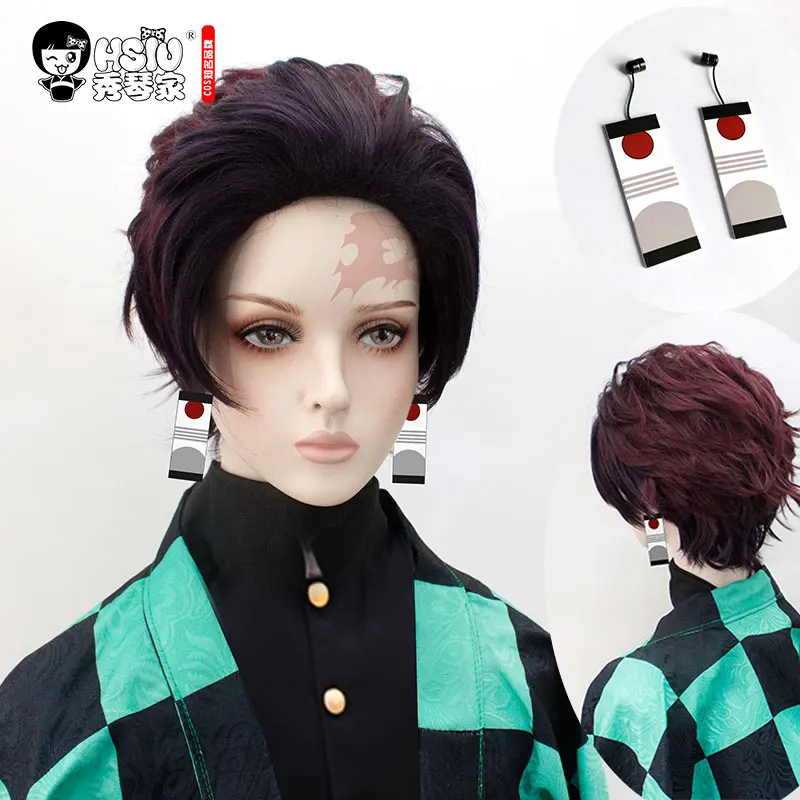 

HSIU Kamado Tanjirou Anime Cosplay Wig Demon Slayer: Kimetsu no Yaiba Costumes Halloween Dark red Synthetic Heat Resistant Hair