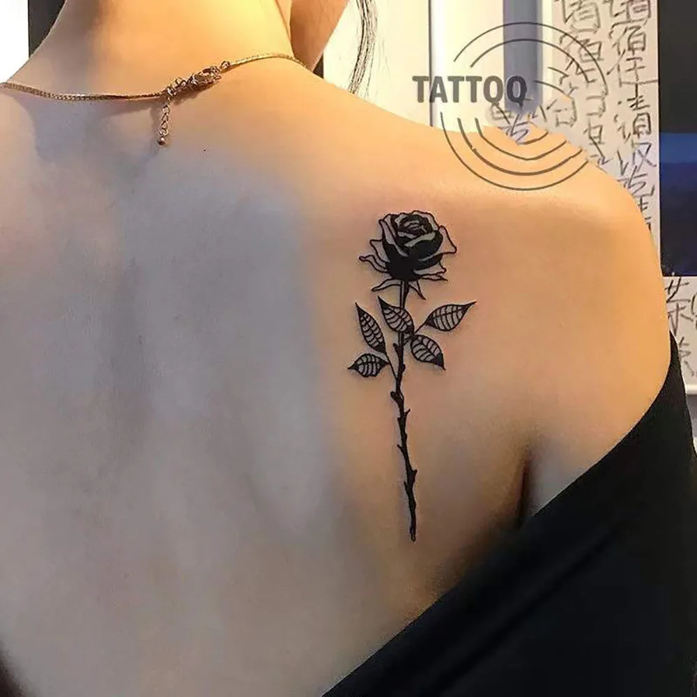Tatouage Rose Avec Tige Ecriture Faux Tatouage Temporaire, Autocollant Imperméable, Motif De Fleur Rose  Noire, Art Corporel, Flash, Épaule Arrière, Pour Homme Et Femme - Tatouages  Éphémères - AliExpress