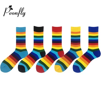

PEONFLY Harajuku Style Men's Socks Funny Combed Cotton Colorful Striped Crew Socks New 2019 Autumn Winter Calcetines Happy Socks