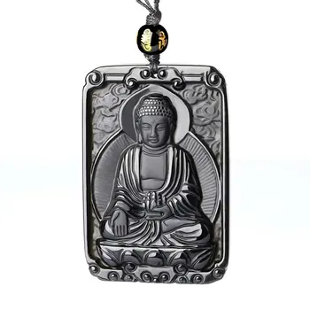 

LETSFUN Fine Jewelry Hand Carved Natural Genuine Obsidian Amitabha Sakyamuni Bodhisattva Buddha Necklace Amulet Necklace