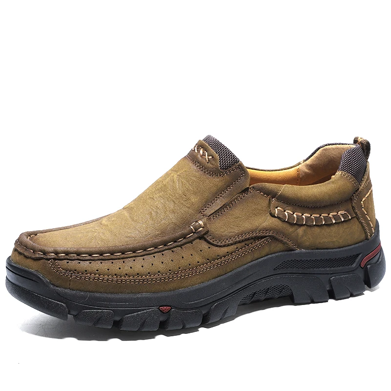 Высококачественная Мужская обувь на плоской подошве; повседневные лоферы из натуральной кожи; мужская обувь на шнуровке в стиле ретро; мужские лоферы для отдыха в британском стиле; HC-579 - Цвет: Khaki Slip on