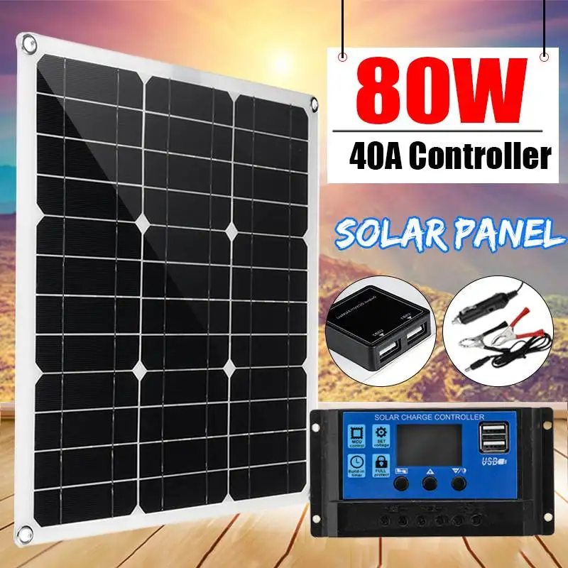 

80W Solar Panel Solar Cell Dual USB Cell Module+40A Controller for Car Yacht Led Light RV 18V Battery Boat Outdoor Charger